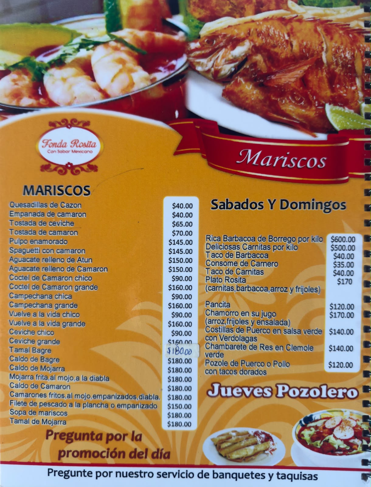 Menú Fonda Rosita — Mariscos