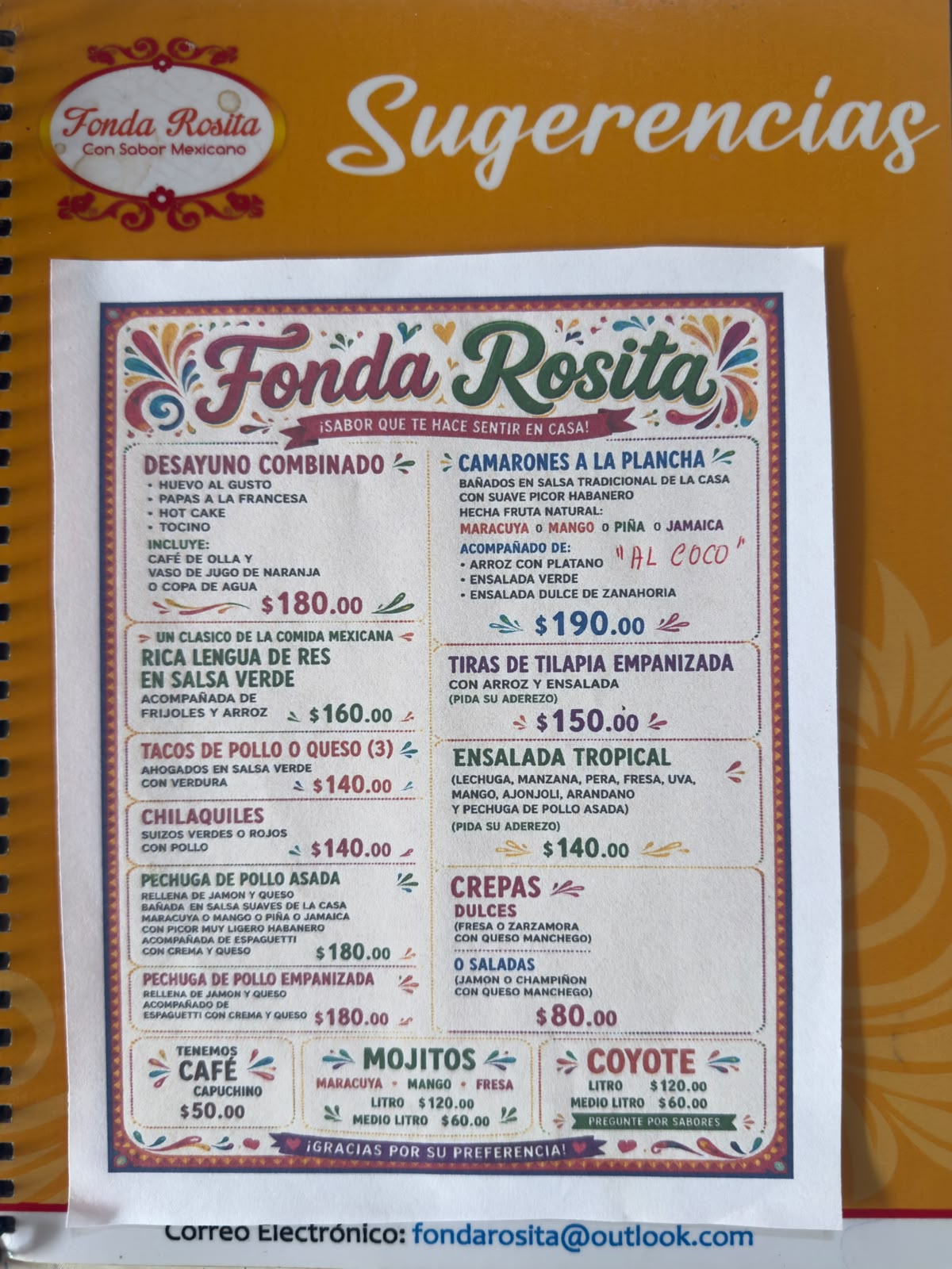Menú Fonda Rosita — Sugerencias