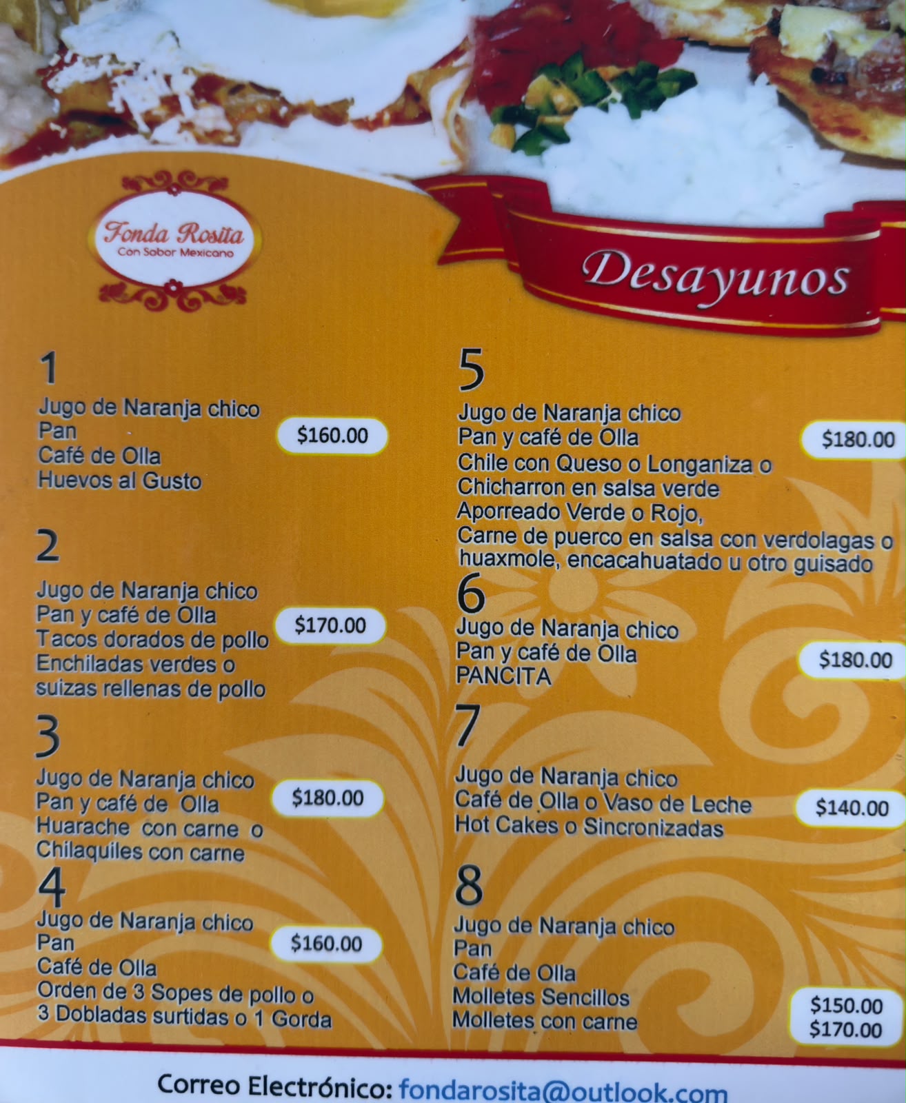 Menú Fonda Rosita — Desayunos