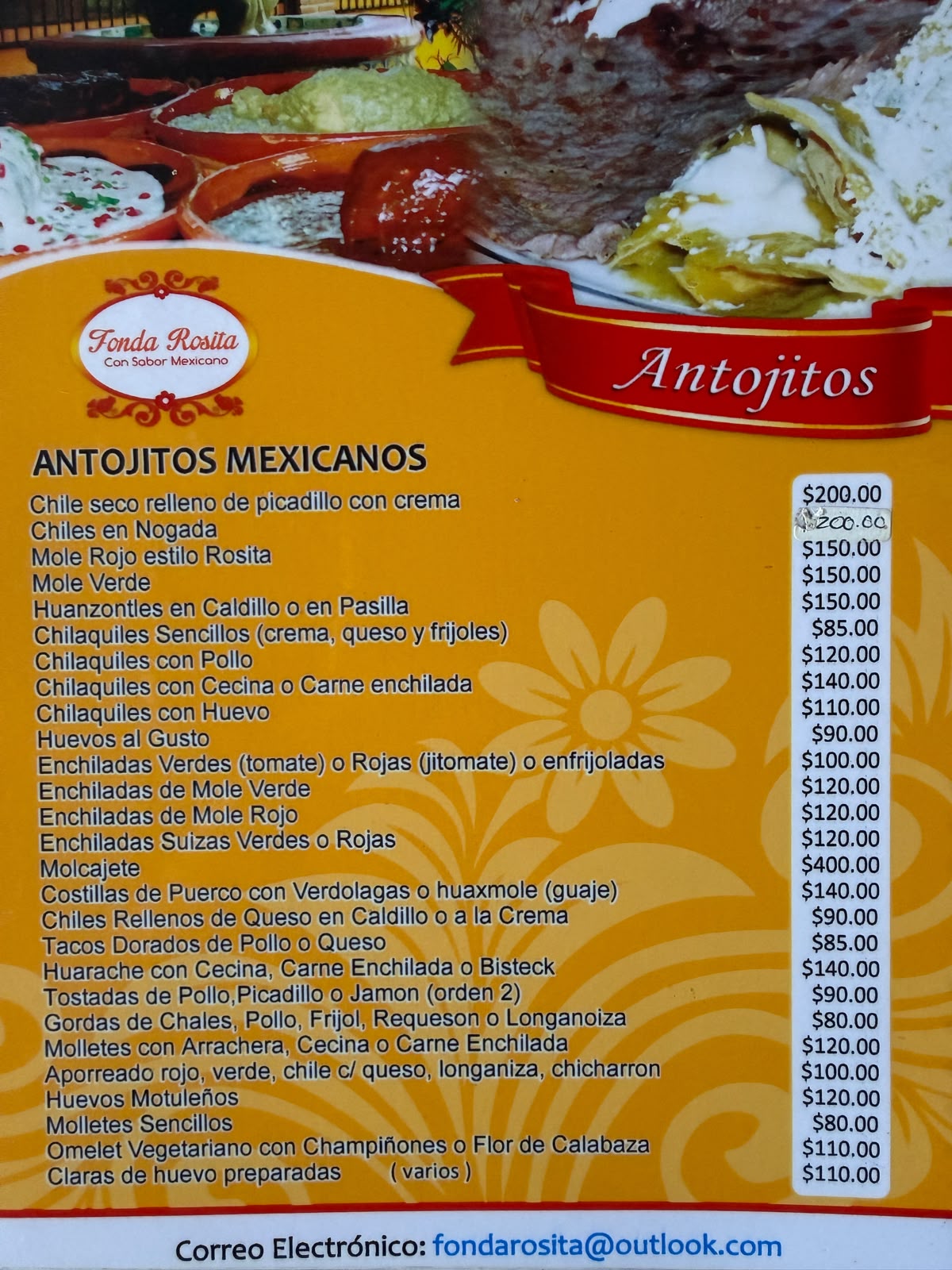 Menú Fonda Rosita — Antojitos Mexicanos